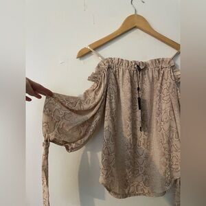 BCBG Off-Shoulder Snake Print Peasant Blouse - Beige Taupe